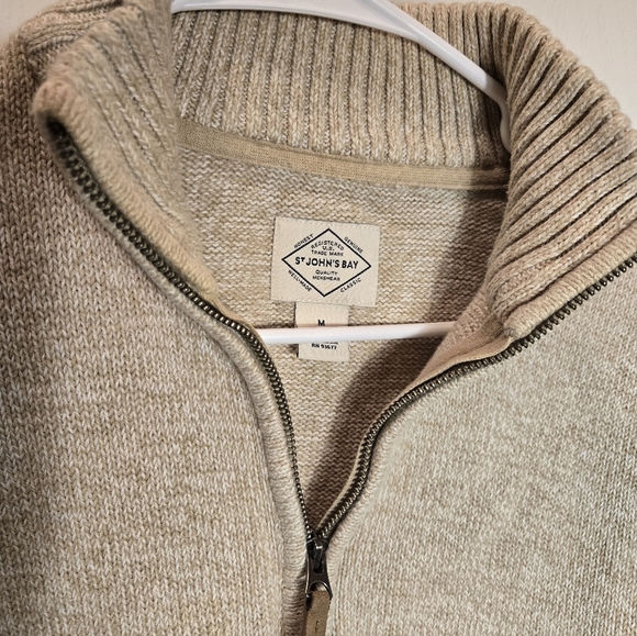 St John's Bay 1/4 Zip Pullover Beige Sweater 100% Cotton Mens Medium Tan - Picture 2 of 9